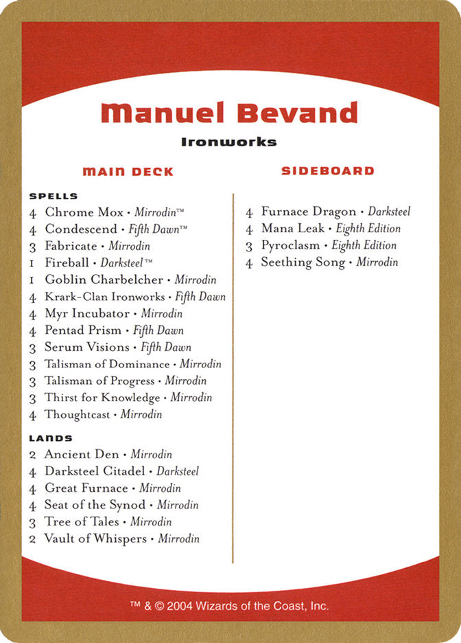 Manuel Bevand Decklist [World Championship Decks 2004] | Mindsight Gaming