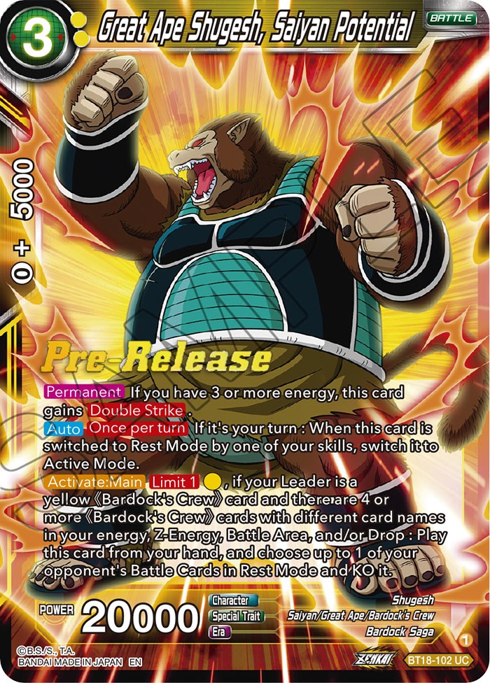 Great Ape Shugesh, Saiyan Potential (BT18-102) [Dawn of the Z-Legends Prerelease Promos] | Mindsight Gaming