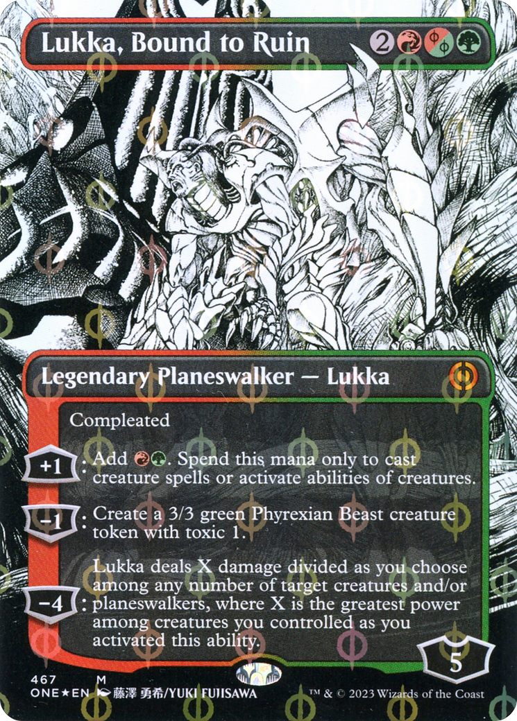 Lukka, Bound to Ruin (Borderless Manga Step-and-Compleat Foil) [Phyrexia: All Will Be One] | Mindsight Gaming