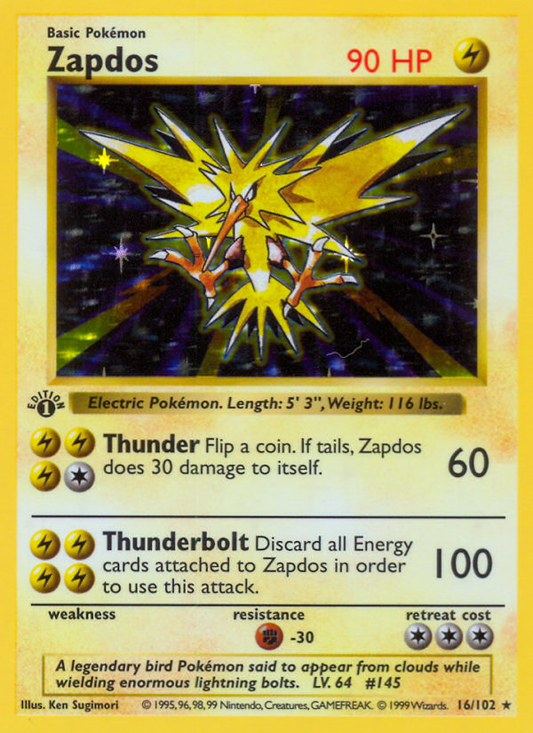 Zapdos (16/102) (Shadowless) [Base Set 1st Edition] | Mindsight Gaming