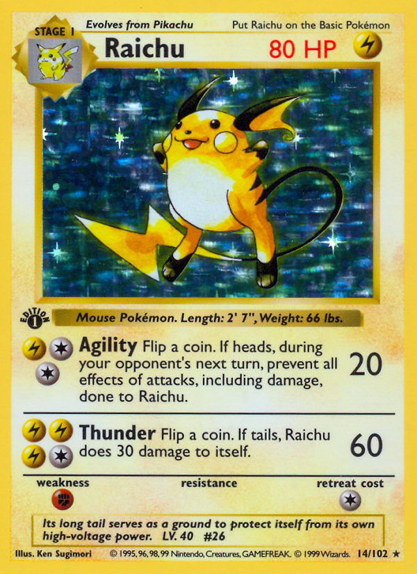 Raichu (14/102) (Shadowless) [Base Set 1st Edition] | Mindsight Gaming