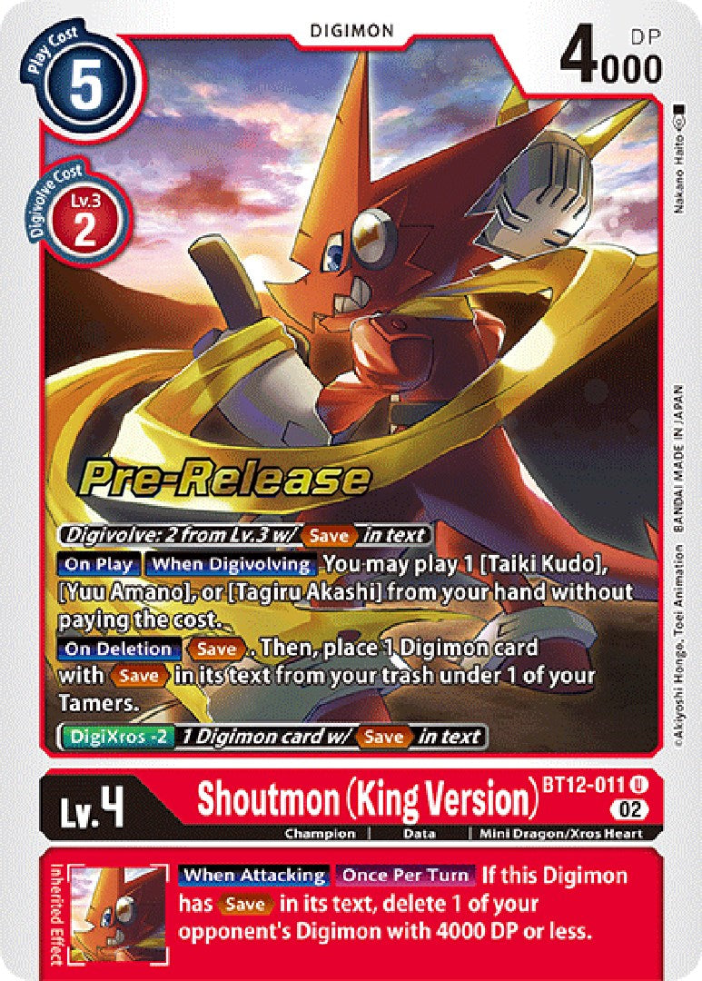 Shoutmon (King Version) [BT12-011] [Across Time Pre-Release Cards] | Mindsight Gaming